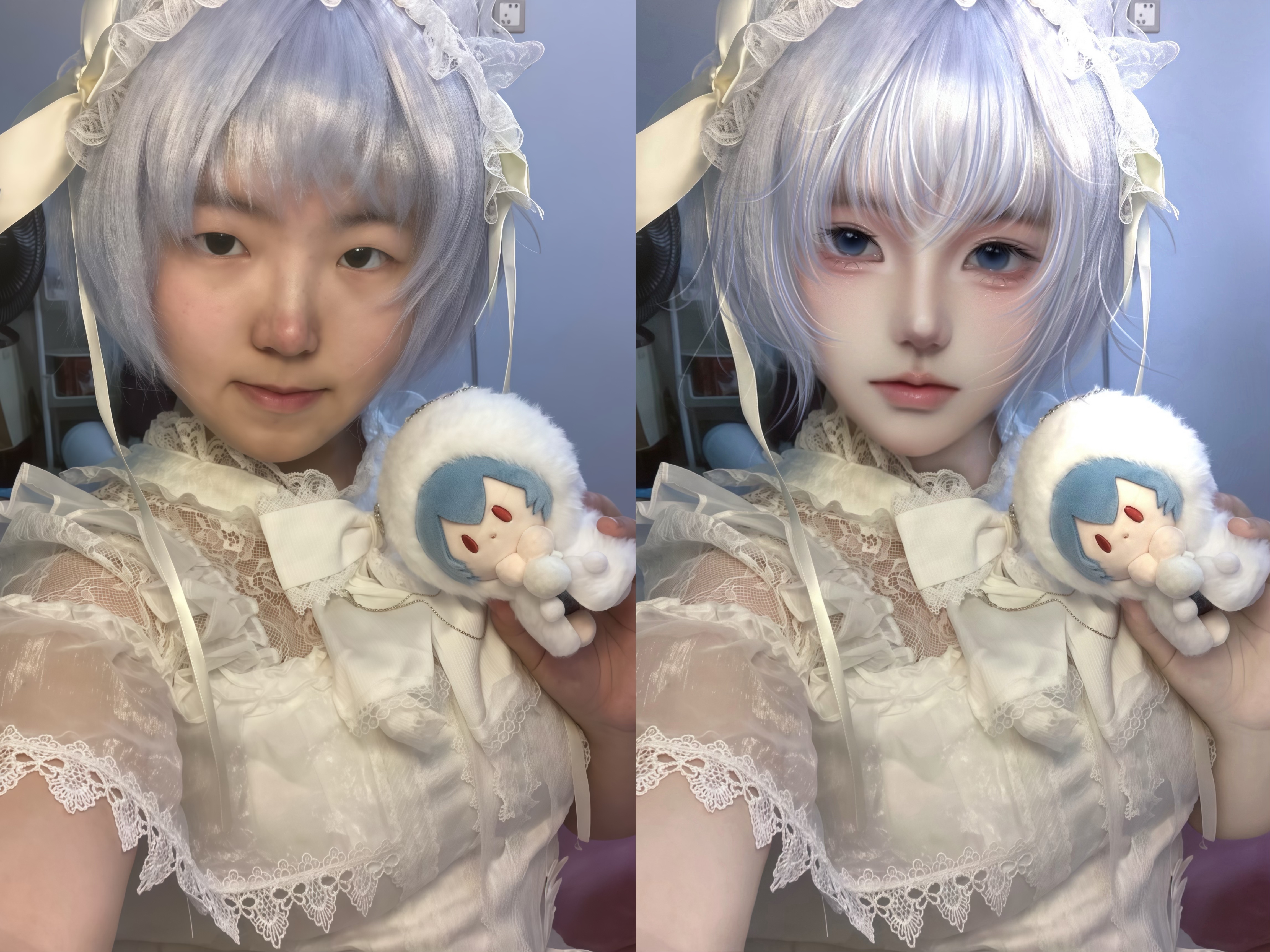 白发 Lolita 风 Cosplay 修图前后对比