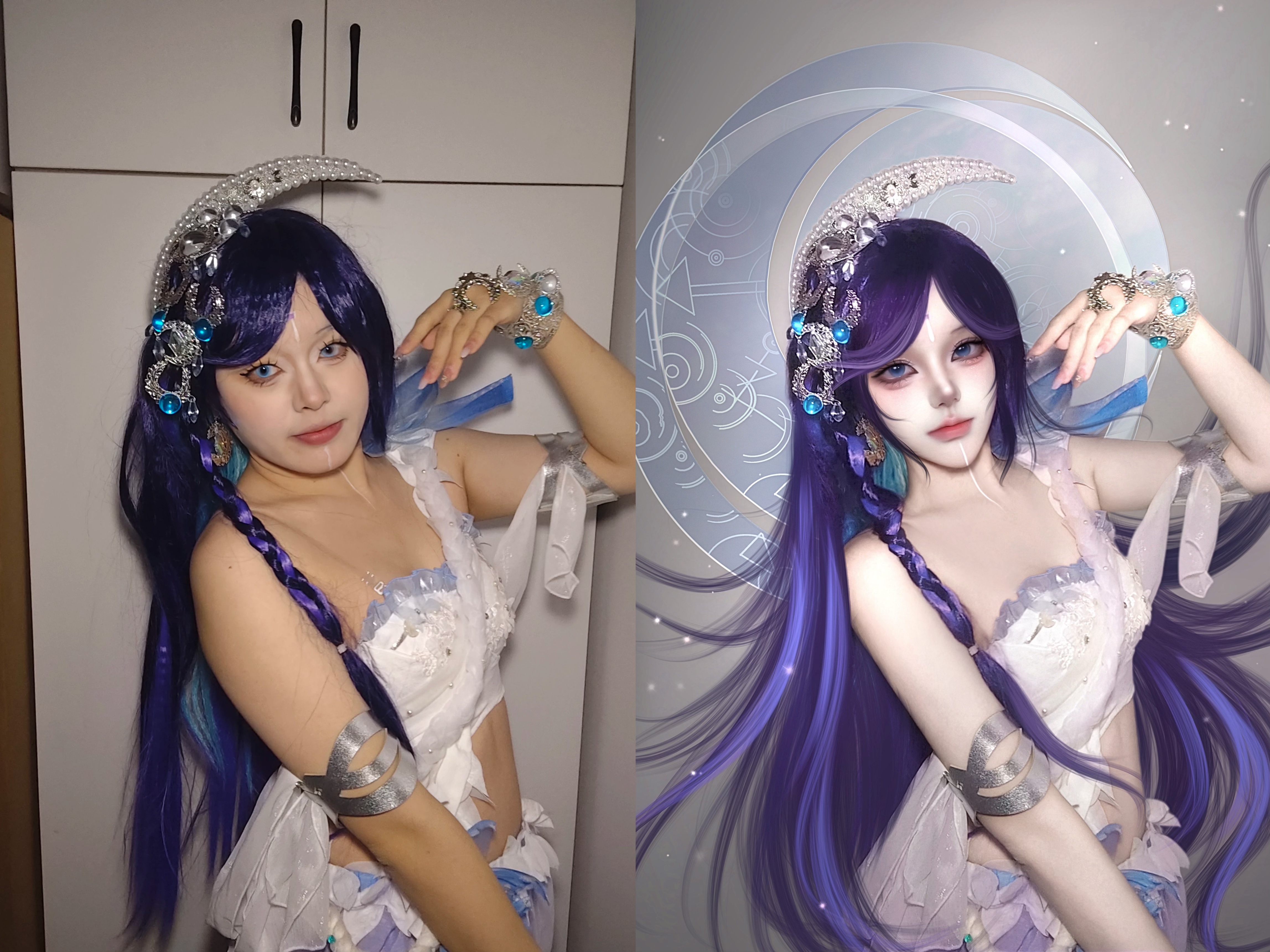 蓝发角色 Cosplay 修图前后对比