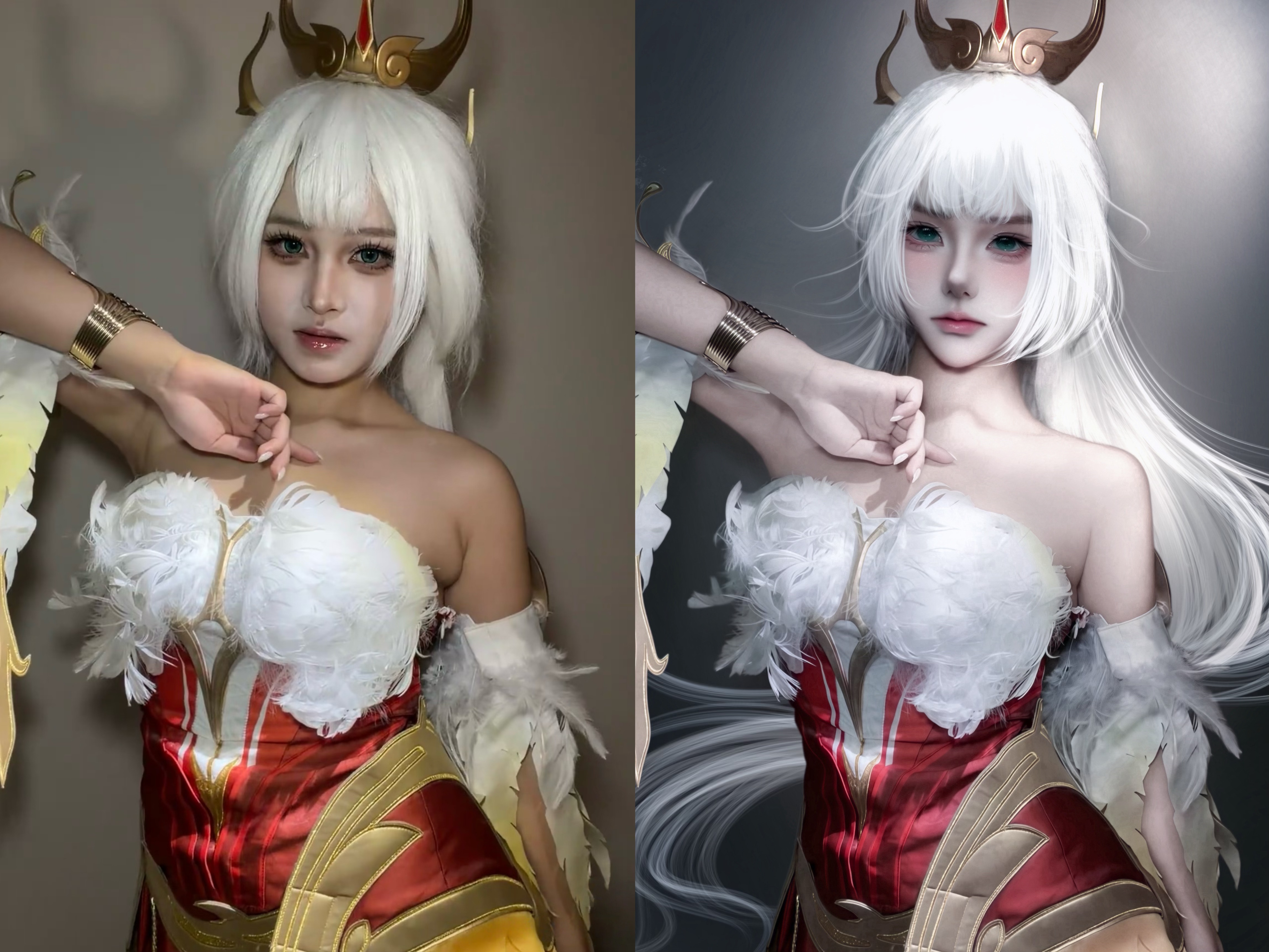 白发红裙角色 Cosplay 修图前后对比